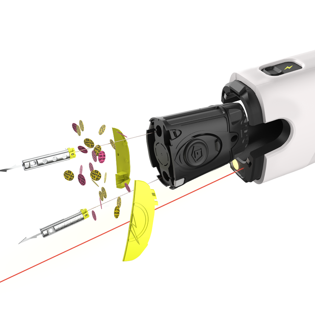 TASER Bolt 2 firing, showing probe launch, laser aim, and AFID tag burst for non-lethal self-defense activation.