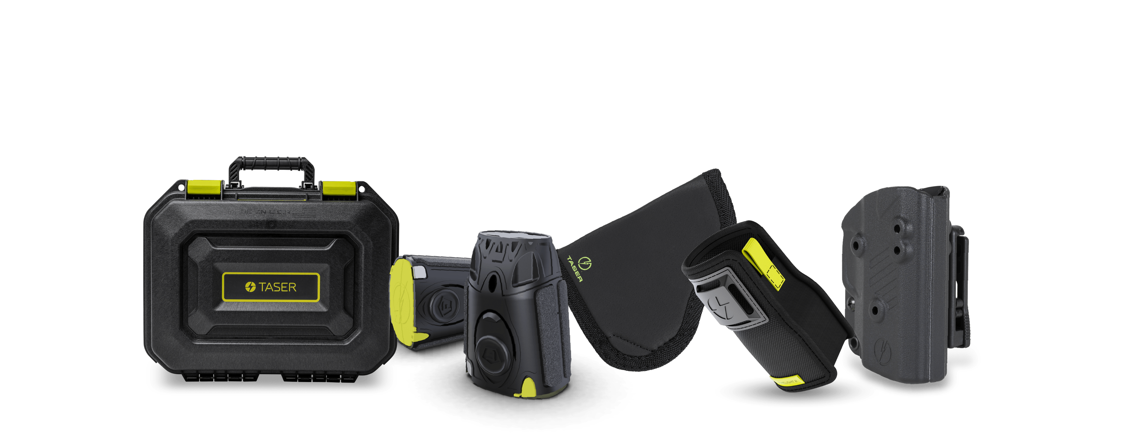 Lineup of TASER accessories including a protective carrying case, replacement cartridges, neoprene sleeve, StrikeLight 2 holster, and hard-shell holster, showcasing essential gear for safe storage, transport, and deployment of TASER self-defense devices.